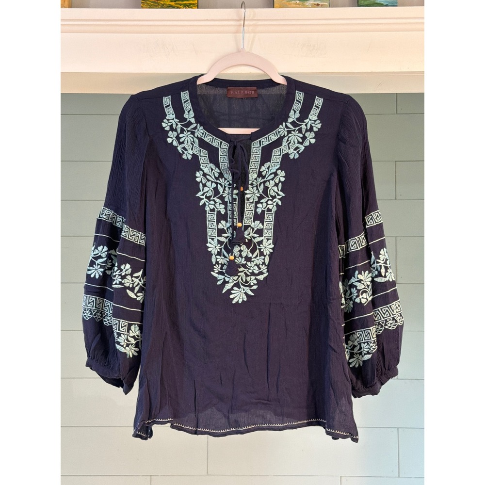 Hale Bob Navy Blue Embroidered Crinkle Gauze Tassel Peasant Blouse Top